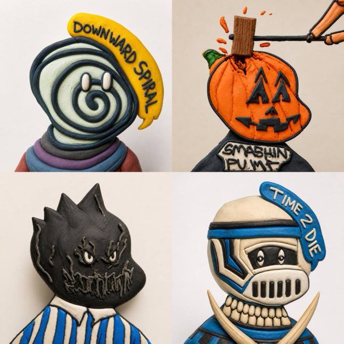 Four colorful clay sculptures are displayed in a grid: a swirl-headed figure labeled 'DOWNWARD SPIRAL', a pumpkin-headed figure with 'SMASHIN PUMPK' shirt, a black spiky-headed character, and a skeleton knight labeled 'TIME 2 DIE'.