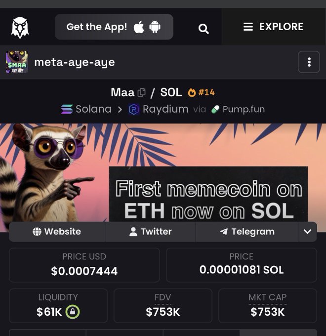 In the center of a website screen, there's an image featuring a leopard with sunglasses and a surfboard, along with the text "First meme on Ether now on sol" at the bottom. This image and text are related to the post in the image itself, which is about purchasing Bitcoins oretherium tokens for $75,000. A user has posted this information as a meme, using the app GetTheApp to explain how one can purchase Etherium tokens by purchasing Bitcoin first, with the caption "ETH now on Sol".