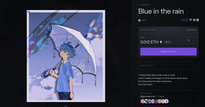 An NFT marketplace listing for an artwork titled 'Blue in the rain' by IDLE, priced at 0.012 ETH, featuring an anime-style character with blue hair holding a decorated umbrella.