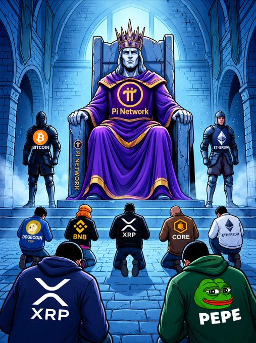 A digital illustration shows a king wearing a 'Pi Network' robe on a throne, with knights representing various cryptocurrencies like Bitcoin, Ethereum, XRP, and Pepe kneeling before him.