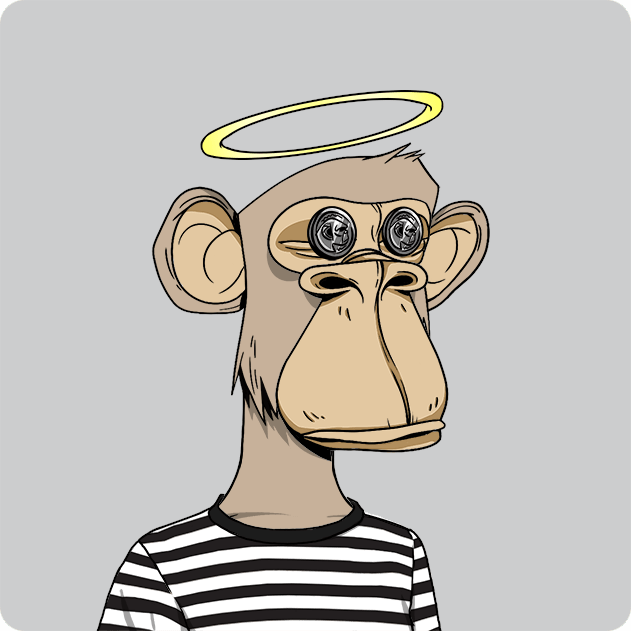 A cartoon illustration of a bored-looking monkey with button eyes, a yellow halo floating above its head, wearing a black and white striped shirt on a light background.