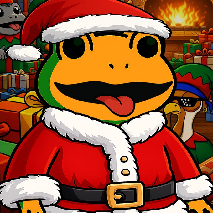 A cartoon yellow character wearing a Santa Claus suit and hat sticks out its tongue in a festive scene filled with wrapped presents, a fireplace, and other characters.
