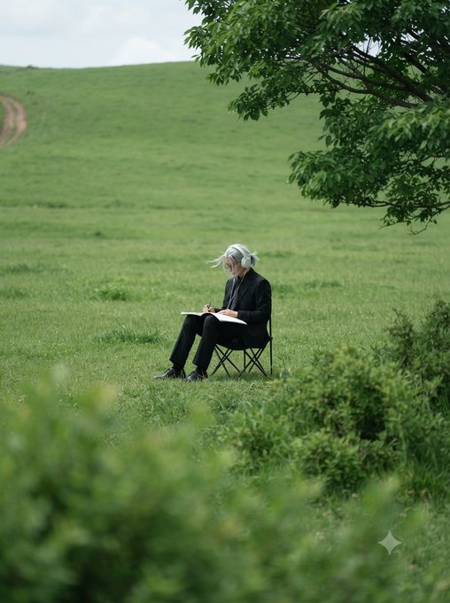 An elderly person with white hair sits on a folding chair in a vast green field under a tree, writing in a notebook while wearing a dark coat.