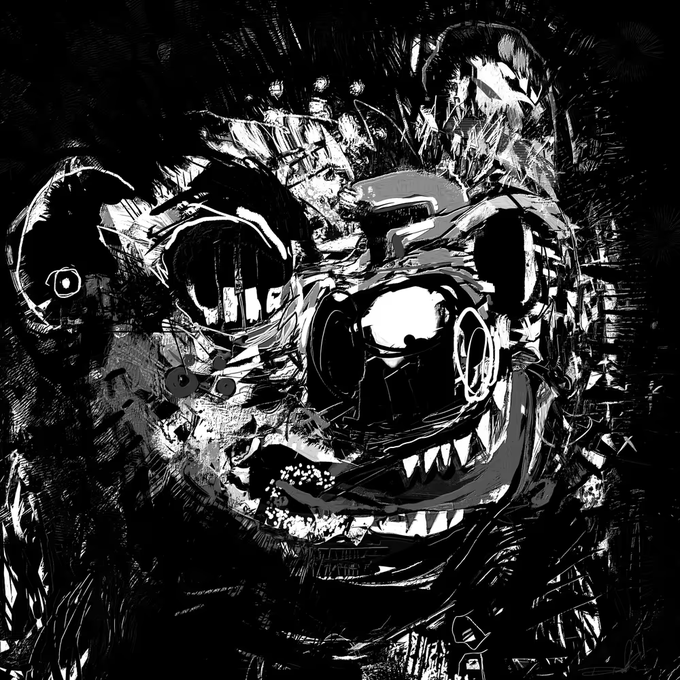 A black and white stylized digital illustration of a menacing animatronic bear character with sharp teeth, a single visible eye, and mechanical parts, resembling characters from horror games.