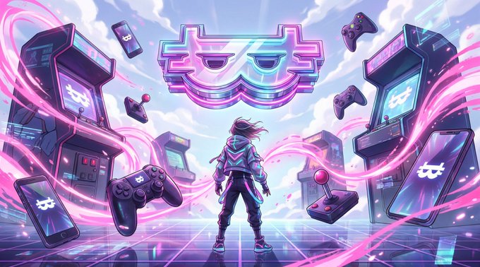 A vibrant, neon-colored cyberpunk-style illustration shows a character from behind standing before floating arcade cabinets, game controllers, and phones, all connected by swirling pink energy and featuring a stylized mask logo.