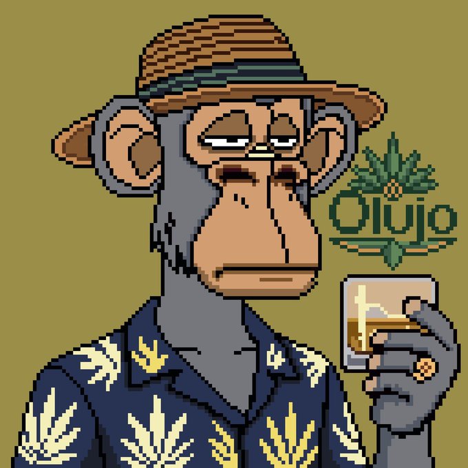 A pixel art illustration of a bored-looking monkey wearing a straw hat and a patterned shirt, holding a glass of a drink, with the text 'Olujo' beside it.