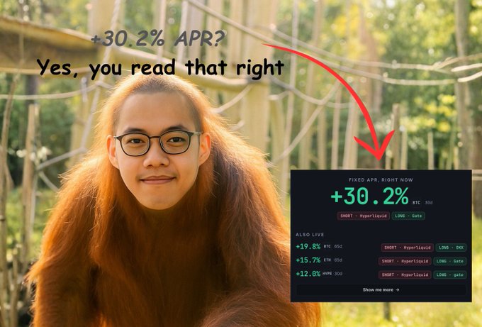 Photo of a smiling young man with glasses and long hair in a forest setting, overlaid with text reading '+30.2% APR? Yes, you read that right' and a red arrow pointing to a promotional graphic showing cryptocurrency lending rates on SHORT-Hyperliquid and LONG-gate markets.