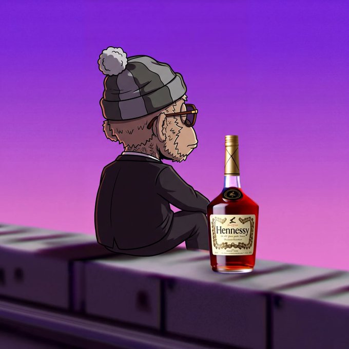An animated illustration of a monkey wearing a beanie and sunglasses sits beside a bottle of Hennessy cognac against a purple background.