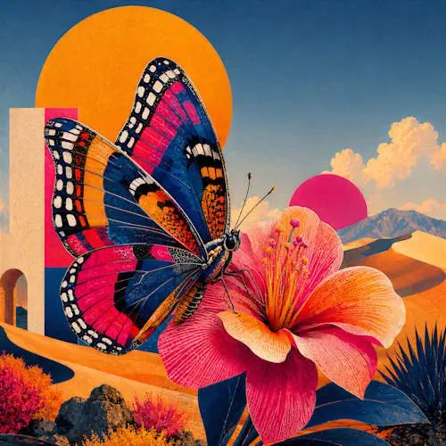 A vibrant surreal collage features a colorful butterfly perched on a bright pink lily, set against a desert landscape with a large orange sun and pink orb in the sky.