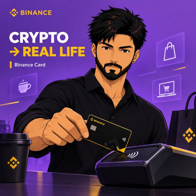 A promotional graphic for 'BINANCE' featuring an illustrated man tapping a Binance Card on a payment terminal, with text reading 'CRYPTO → REAL LIFE | Binance Card'.