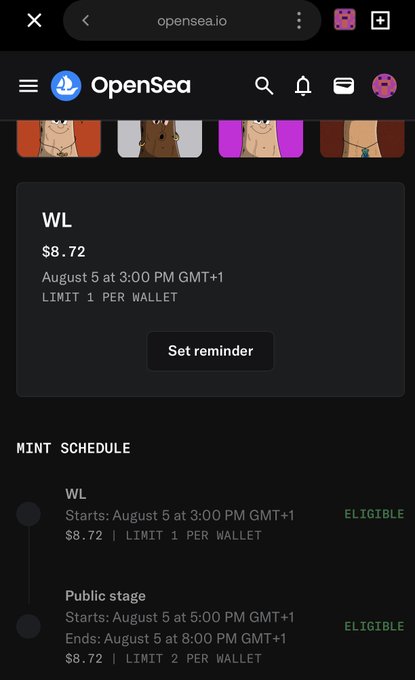 Screenshot of an OpenSea mobile interface showing an NFT mint schedule with 'WL' (Allowlist) at $8.72 starting August 5 at 3:00 PM GMT+1, limit 1 per wallet, followed by a public stage.