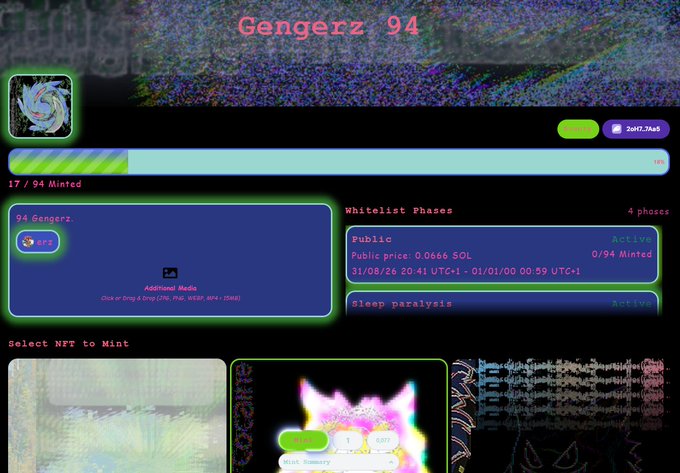 A webpage screenshot for 'Gengerz 94' NFT minting showing 17/94 Minted, a public price of 0.0666 SOL, and active whitelist phases including 'Public' and 'Sleep paralysis'.