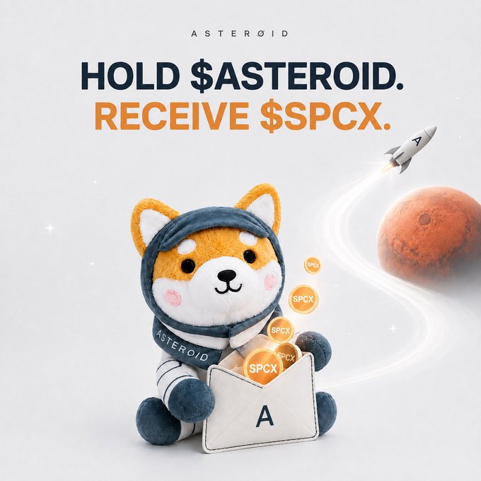 A plush Shiba Inu mascot wearing an "Asteroid" branded hoodie sits with an envelope marked "A" as golden coins labeled "SPCX" spill out, with a rocket and Mars-like planet in the background, visually reinforcing the promotion to hold $ASTEROID on BNBChain in order to receive $SPCX airdrop rewards.