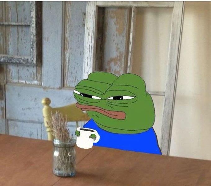 The image features a cartoon frog sitting at a table with a cup of coffee, giving off an impression that he's tired or sleepy. The background shows a dining room setting with a chair and a window. There are also some dried plants on the windowsill next to the table. The caption reads "Goodnight ct Today was amazing, Let' s hope for the best tomorrow. And study @TheARCTERMINAL for sure."