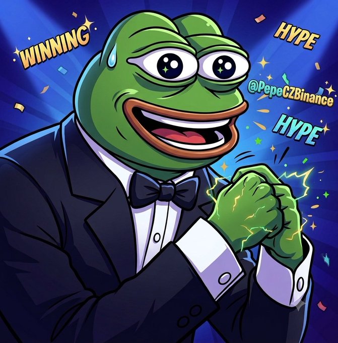 A vibrant cartoon illustration of the Pepe the Frog meme character dressed in a tuxedo with a bowtie, holding his hands together with glowing energy between them, surrounded by the words 'WINNING,' 'HYPE,' 'HYPE,' and the handle '@PepeCZBinance'.