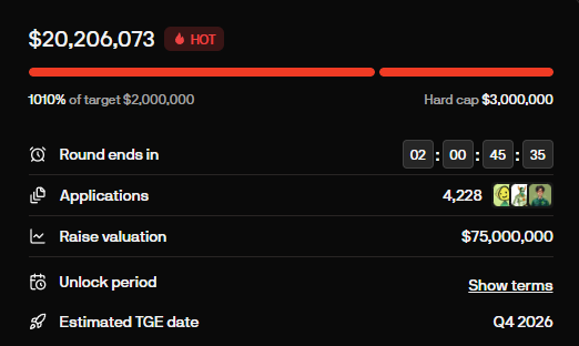 A fundraising or token sale dashboard showing $20,206,073 raised (1010% of a $2,000,000 target with a $3,000,000 hard cap), 4,228 applications, a $75,000,000 raise valuation, and an estimated TGE date of Q4 2026.