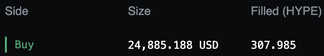 A table showing a 'Buy' order with a size of 24,885.188 USD that has been filled with 307.985 HYPE.