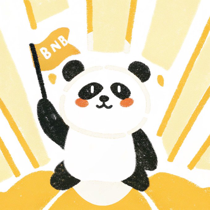 A cute illustrated panda holding a yellow flag with "BNB" written on it, radiating sunburst rays in the background, visually representing the post's suggestion to launch a unique panda-themed token on the BNB Smart Chain (BSC).