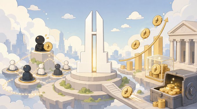 A cartoon-style illustration depicting financial and cryptocurrency themes, featuring a glowing white skyscraper, floating golden coins with an upward arrow, a treasure chest filled with coins, and pawn-like figures on a cloud platform.