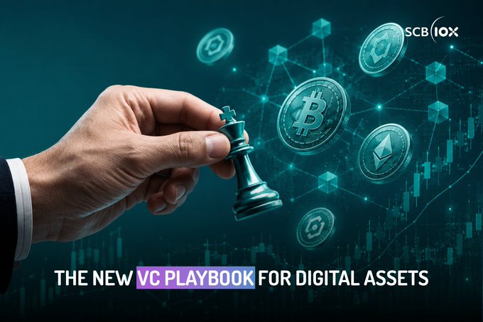 A promotional graphic for SCB 10X titled 'THE NEW VC PLAYBOOK FOR DIGITAL ASSETS', showing a hand holding a chess king piece against a backdrop of cryptocurrency logos like Bitcoin and Ethereum floating in a digital network.