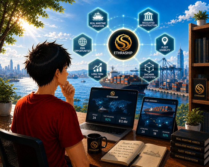 A person sits at a desk with a laptop and tablet displaying 'ETHRASHIP' dashboards, looking out at a port city, with hexagonal icons highlighting features like 'Real Maritime Operation,' 'Regulated Infrastructure,' and 'RWA Opportunities.'