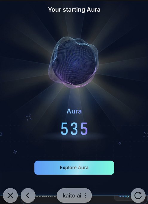 A dark-themed mobile screen titled 'Your starting Aura' displaying an animated 3D orb visualization with a value of 535 and an 'Explore Aura' button, with 'kaito.ai' visible at the bottom.