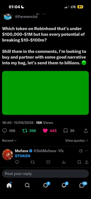 A screenshot of an X (Twitter) post by @Farmercist asking, 'Which token on Robinhood that's under $100,000-$1M but has every potential of breaking $10-$100m? Shill them in the comments, I'm looking to buy and partner with some good narrative into my bag, let's send them to billions,' with a reply mentioning '$TOKEN' and a green placeholder image.