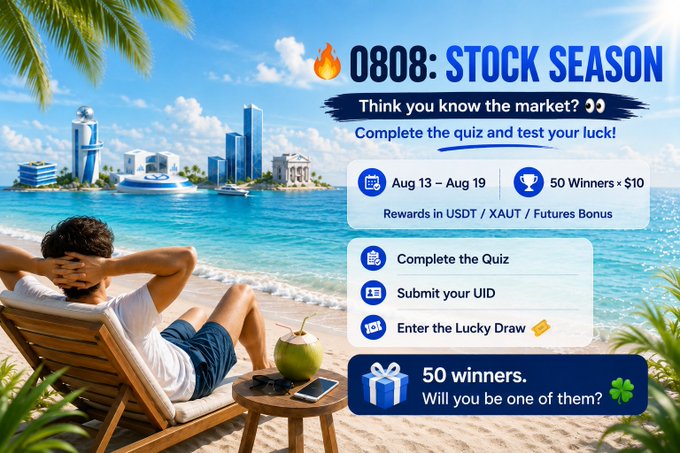 A promotional graphic for '0808: STOCK SEASON' trading quiz contest dated Aug 13 - Aug 19, offering 50 Winners x $10 in USDT/XAUT/Futures Bonus, set against a tropical beach background showing a man reclining on a lounge chair.