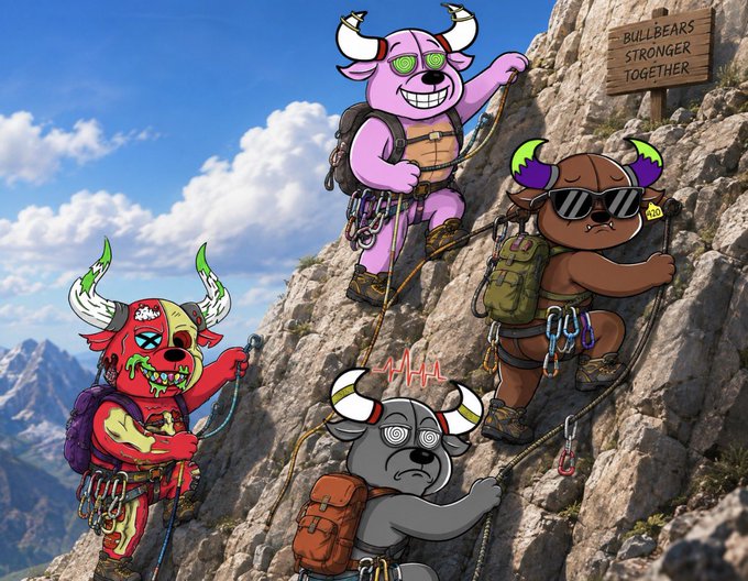 An illustration of four cartoon bull mascots rock climbing up a cliff face with climbing gear and backpacks, near a wooden sign reading 'BULLBEARS STRONGER TOGETHER'.