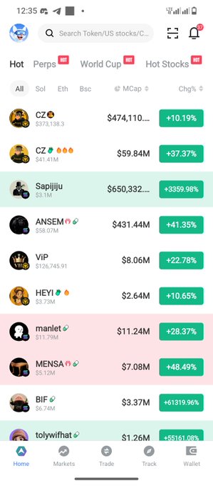 A mobile crypto trading app screenshot showing a list of meme tokens including CZ, Sapjilju, ANSEM, ViP, HEYI, manlet, MENSA, BIF, and tolywifhat with their market caps and percentage gains.