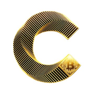 A 3D gold Bitcoin logo shaped like the letter 'C' with a Bitcoin symbol engraved on it.