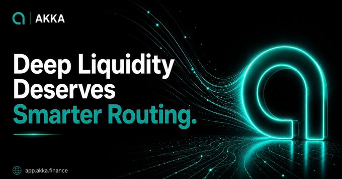 A promotional banner for AKKA featuring a glowing teal "a" logo and particle light effects, with the tagline "Deep Liquidity Deserves Smarter Routing" and the URL "app.akka.finance." The visual reinforces the post's message by pairing bold typography about efficient routing with a sleek, tech-inspired design, symbolizing how AKKA streamlines DeFi swaps on Ethereum's deep liquidity pools.