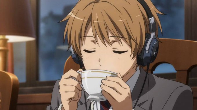An anime character with brown hair and headphones peacefully sips from a white teacup, evoking the relaxed, "good morning friends" vibe of the accompanying post about Linera's onchain sale and sonar round.