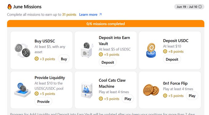 The image displays a "June Missions" promotional dashboard running from Jun 19 - Jul 10, offering up to 31 points across 6 tasks (0/6 completed), including "Buy USDC" (+3 points), "Deposit into Earn Vault" (+5 points), "Deposit USDC" (+8 points), "Provide Liquidity" (+5 points), "Cool Cats Claw Machine" (+5 points), and "0n1 Force Flip" (+5 points). This mission-based rewards system aligns with the accompanying post highlighting Startale Group's app upgrades, as it showcases the platform's new engagement incentives tied to the Arkada Quest integration and broader ecosystem expansion.