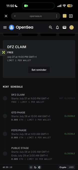 The image shows an OpenSea webpage on opensea.io displaying the "DFZ CLAIM" mint schedule with a free claim on July 27 at 11:00 PM GMT+1 (limit 1 per wallet), followed by GTD Phase, FCFS Phase, and Public Stage phases priced at 0.009 ETH with increasing wallet limits. The "God pull" caption likely refers to the user's anticipation or prayer for successfully claiming the limited free DFZ NFT mint.
