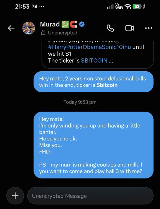 A Signal chat with "Murad" joking about 2 years of trying #HarryPotterObamaSonic10inu until hitting $1, followed by a reply admitting it was "delusional bulls win in the end, ticker is $bitcoin," then a later message wishing him well with FHD.