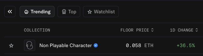 The image shows a screenshot of an app called "watchlist", which displays information about the top 10 items that have been added or viewed by users. The app has a black background with white text, making it easy to read. The main focus is on the "Non Playable Character" and "Floor Price".