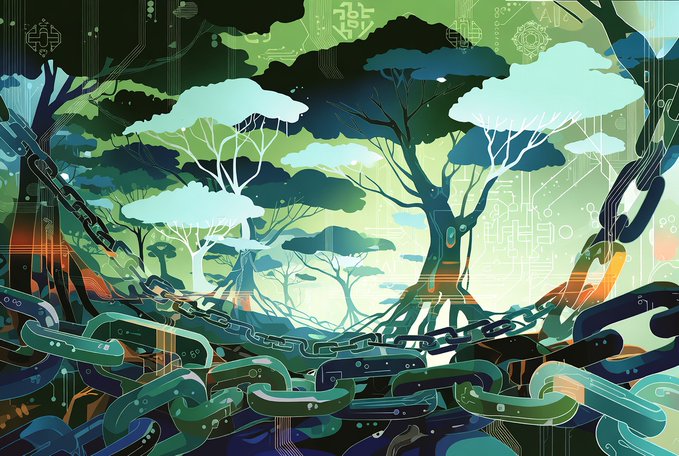A digital forest of stylized trees intertwined with heavy chains and circuitry patterns, symbolizing decentralized networks bound together by shared security. The image visually echoes the post's theme of builders and apps being "chained" yet strengthened through restaking, with the interconnected links representing collaborative ecosystem growth.