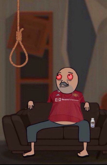 A cartoon meme of a bald man with red glowing eyes wearing a Manchester United 'TeamViewer' jersey, sitting on a couch with a noose hanging above him and a water bottle beside him, depicting despair related to the club.