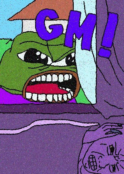 A digitally edited meme image shows a crying Pepe the Frog with prominent teeth and a wide-open mouth, overlaid with the text 'GM!' in bold purple letters.
