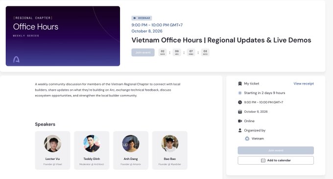 An event page for 'Vietnam Office Hours | Regional Updates & Live Demos' webinar on October 8, 2026, featuring speakers Lectur Vn, Anh Dang, Teddy Dinh, and Bao Bao.