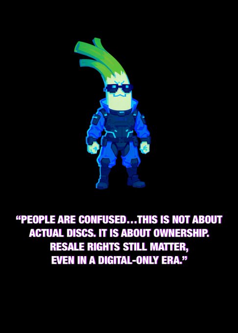 An illustration of a character resembling a leek in a blue futuristic armor suit with sunglasses, accompanied by a quote: "PEOPLE ARE CONFUSED...THIS IS NOT ABOUT ACTUAL DISCS. IT IS ABOUT OWNERSHIP. RESALE RIGHTS STILL MATTER, EVEN IN A DIGITAL-ONLY ERA."
