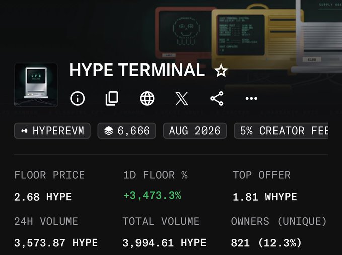 A dark-themed NFT collection page for "HYPE TERMINAL" on the HyperEVM network, showing a floor price of 2.68 HYPE (up +3,473.3% in 24h), with 821 unique owners and a 24h volume of 3,573.87 HYPE out of 6,666 total supply.