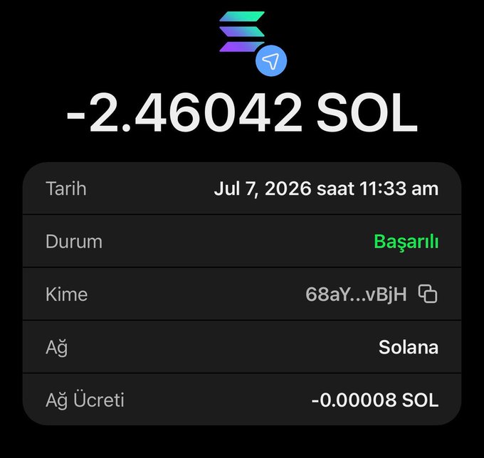 A Solana blockchain transaction receipt showing a successful transfer of -2.46042 SOL (worth ~$200) sent on July 7, 2026, to wallet address 68aY...vBjH with a network fee of -0.00008 SOL. The image serves as proof of payment supporting the post's claim of sending a giveaway to the recipient.