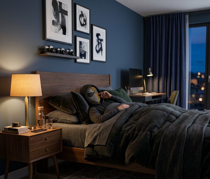 A person lies in bed in a dark blue bedroom holding a sleep mask over their face, with a nightstand, lamp, computer desk, and window visible in the background.