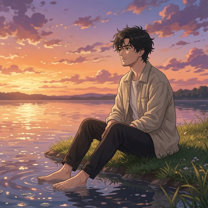 An anime-style illustration of a young man with dark hair sitting barefoot by a lake at sunset, with his feet dipped in the water.