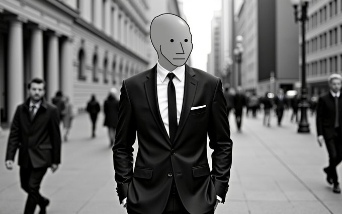 A black-and-white street scene featuring a man in a suit with a blank, featureless mask standing in the foreground while other suited pedestrians walk in the background.