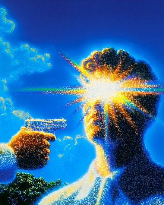 A stylized, vibrant pointillist-style artwork showing a hand holding a glowing gun pointed at a silhouetted figure with a brilliant light burst between them, set against a bright blue sky background.