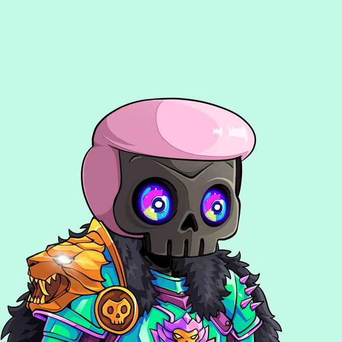 A digital illustration of a character with a skull face, vibrant rainbow-colored eyes, wearing a pink helmet and spiked armor with neon accents on a mint green background.
