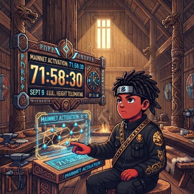 An anime-style illustration of a character with dreadlocks and a ninja headband sitting in a wooden workshop, interacting with a holographic display reading 'MAINNET ACTIVATION: 71:58:30' alongside a digital clock.
